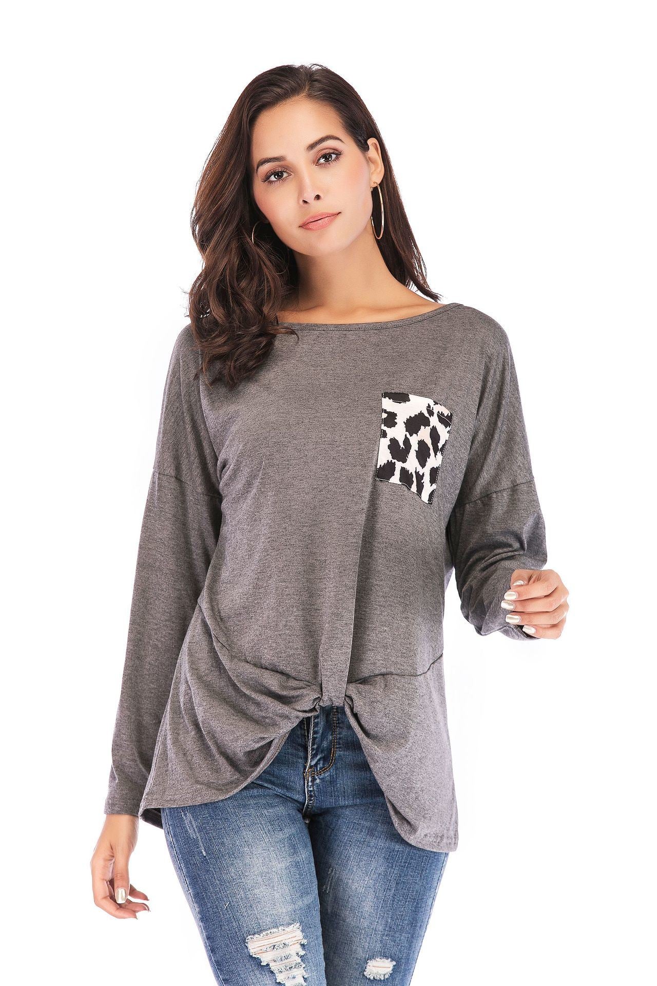 Autumn and winter new European and American women's leopard pocket twisted T-shirt top