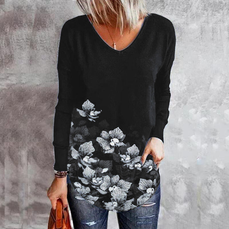 autumn and winter new women's tops flower printing loose V-neck long-sleeved t-shirt