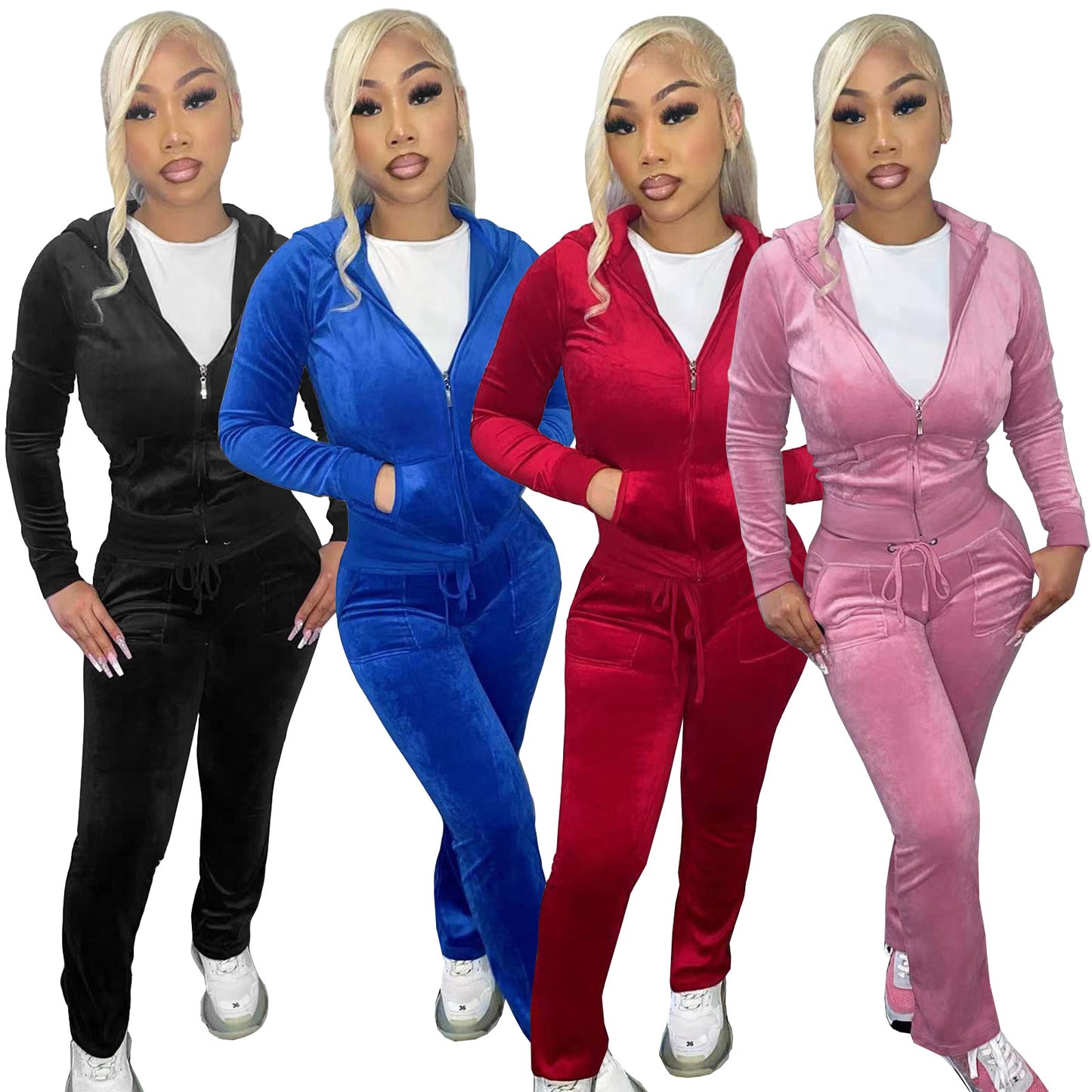 Women Solid Color Sets Velvet Thread Zipper Hood Wear Lounge Wear Suit Sport Set Tops and Pants