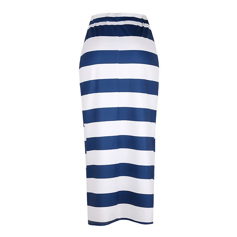 New Women's Loose Casual Blue and White Striped Print Skirt Dress