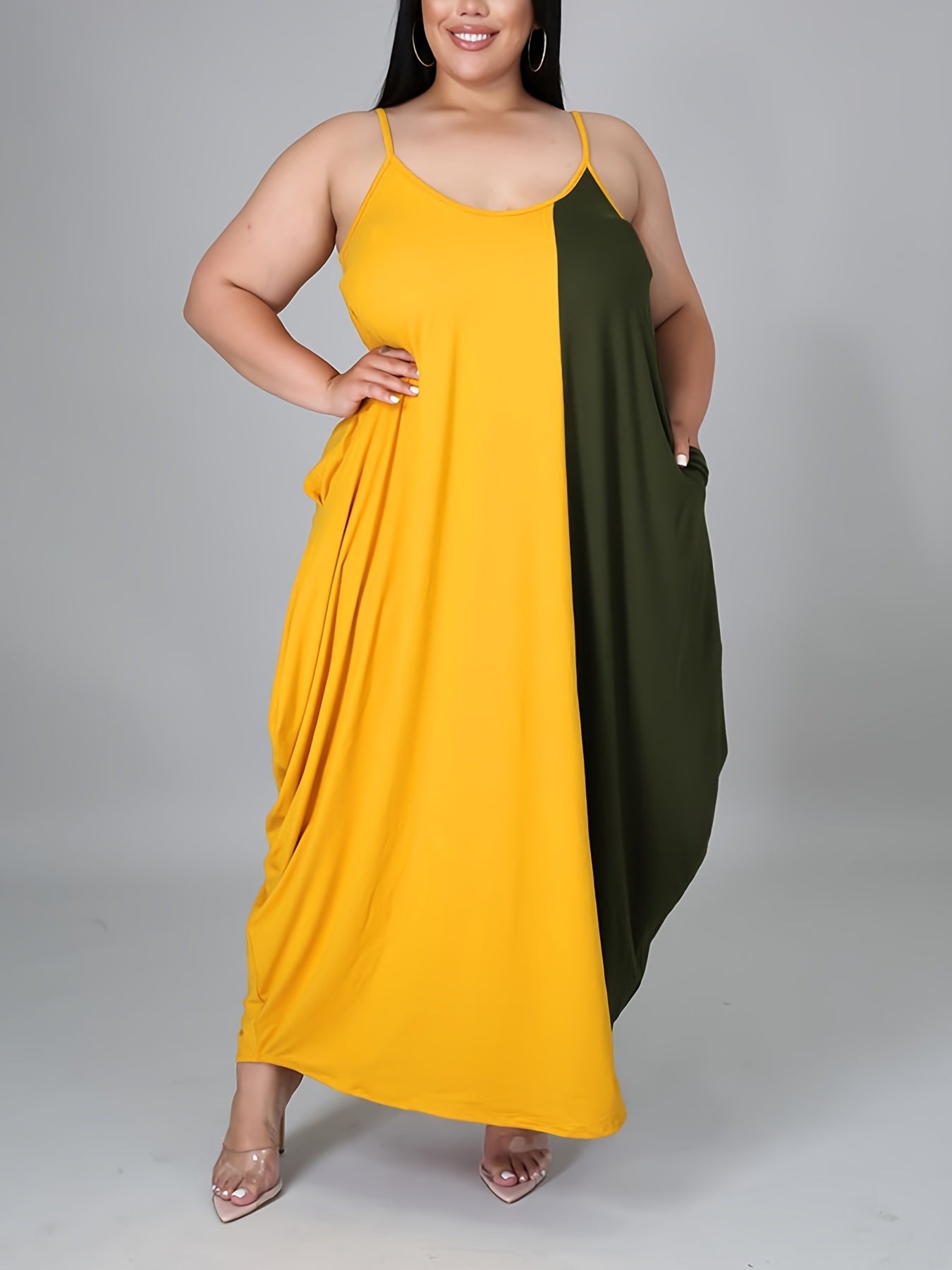 Size Colorblock Cami Maxi Dress With Pockets; Women's High Stretch Casual Long Dress