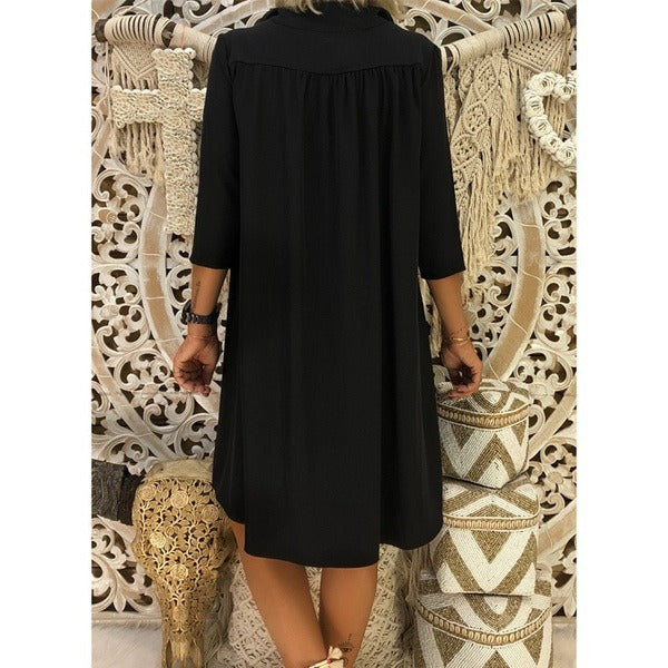 Best Selling Large Size Women's Seven-point Sleeve Deep V-neck Loose Casual Solid Color Dress