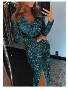 New sequin dress long sleeve V-neck shiny dress evening dinner sexy irregular dress