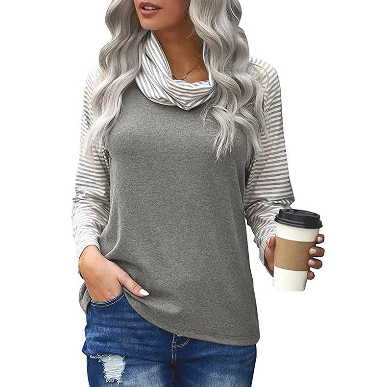 Women's Stitching Long Sleeve Stack Neck Top Striped Sleeve Printed T-Shirt