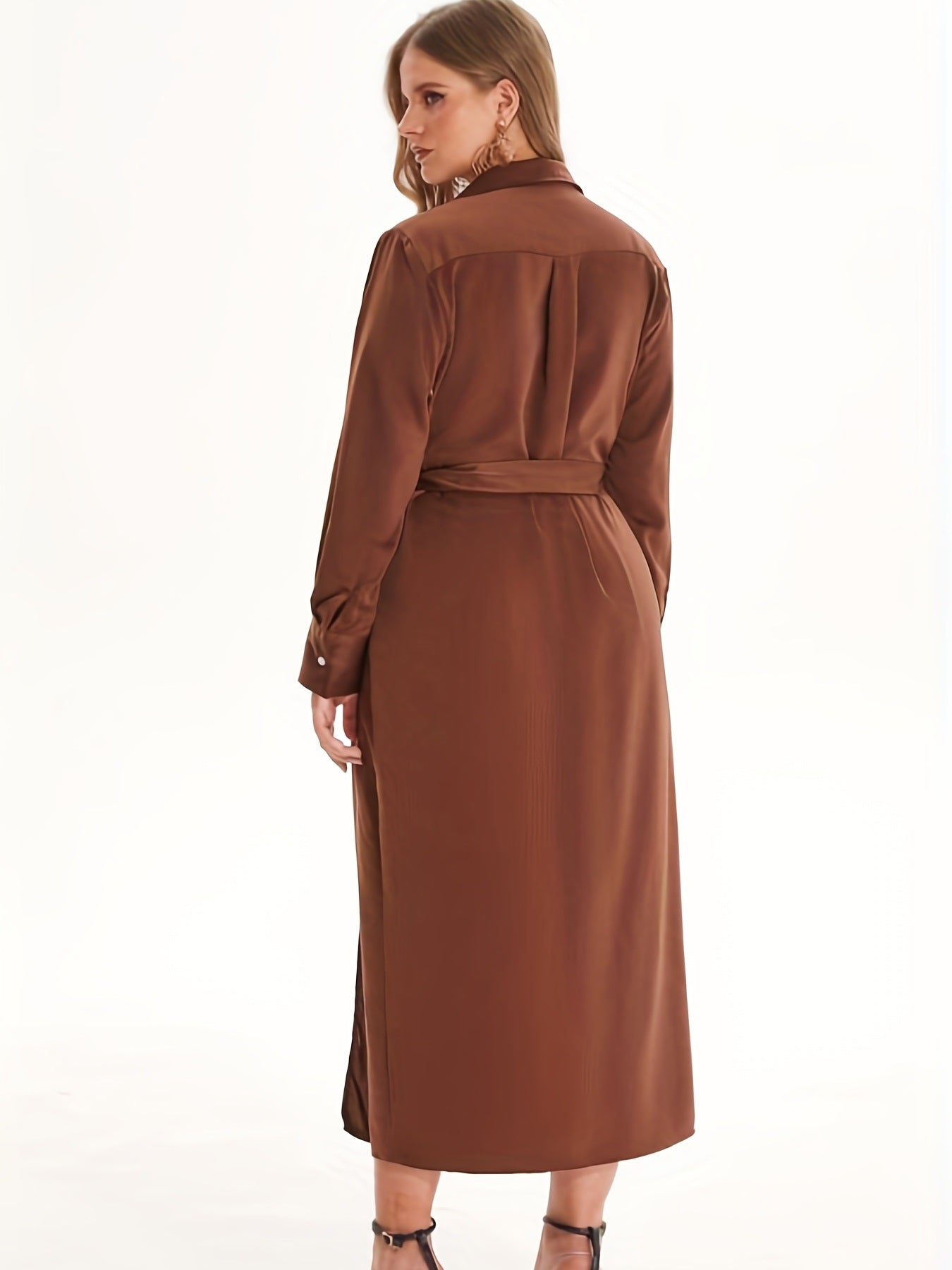 Plus Size Satin V Neck Long Sleeve Solid Wrap Maxi Dress With Belt; Women's Plus Elegant Medium Stretch Maxi Dress