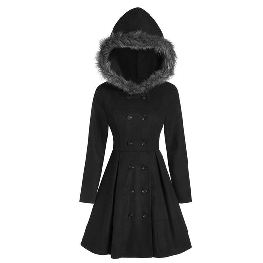 European and American women's princess dress hooded fur slim double-breasted midi coat