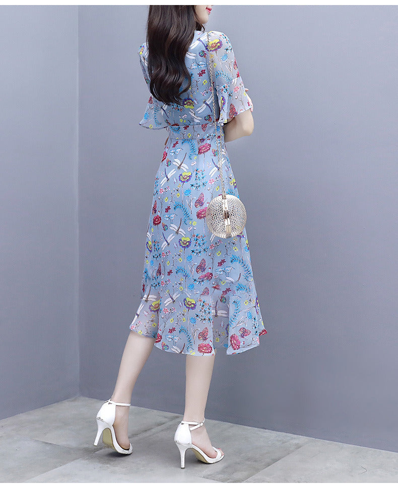 summer new women's floral dress waist slimming V-neck ruffled mid-length dress