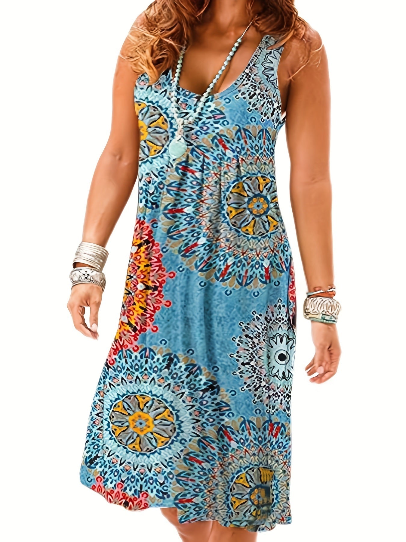 Plus Size Casual Dress; Women's Plus Tile Print V Neck Slight Stretch Tank Maxi Dress