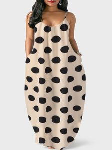 Plus Size Casual Dress; Women's Plus Dot Print V Neck Cami Maxi Dress With Pockets