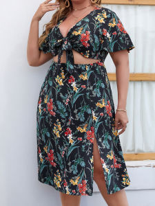 Summer Plus Size L-4XL Mid Floral Dress Beach Skirt Women Fashion Sexy Casual V-neck Slit Hem Hollow Waist Light Thin Breathable