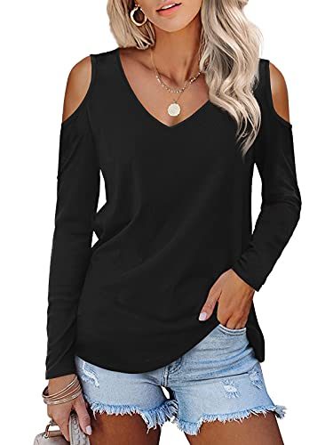 Womens Long Sleeve Cold Shoulder Basic Tee Tops Shirts