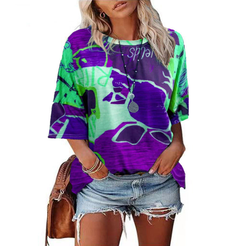 Autumn new women's tops round neck printing loose t-shirt tops