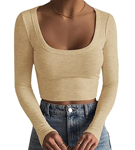 Women's Square Neck Long Sleeve Ribbed Slim Fitted Casual Basic Crop Top