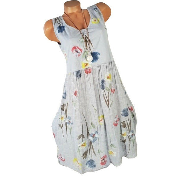 European and American new women's printed sleeveless casual fashion dress