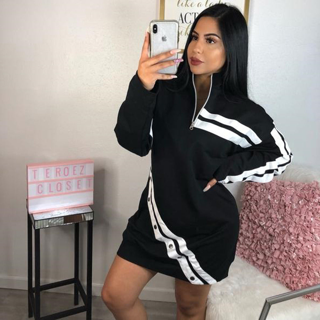 Women Fashion Striped Dress Long Sleeve Zipper Casual Sport Dress Plus Size