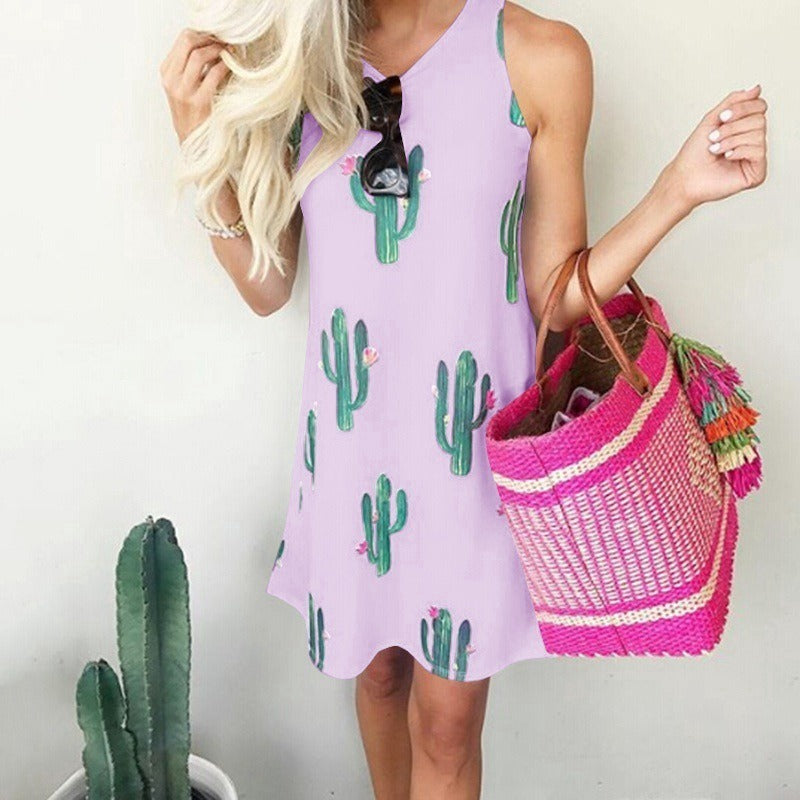 Women's Cactus Print Round Neck Sleeveless Tank Dress