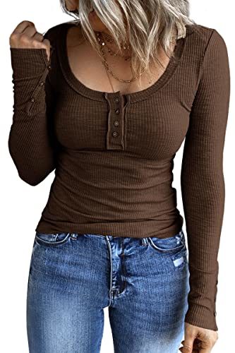 Women's Long Sleeve Shirts Casual Fall Henley Top Button Down Blouses Basic Ribbed Knit T Shirts