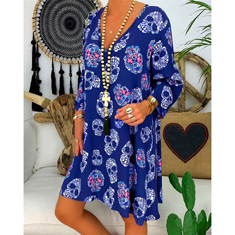 Large size women's loose fashion retro print deep V-neck dress