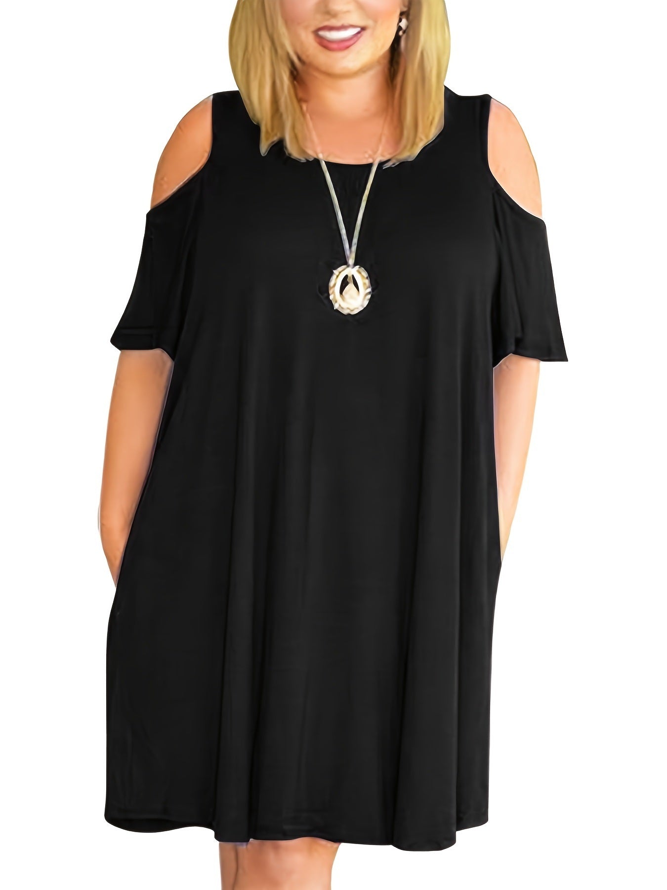 Plus Size Solid Off Shoulder Short Sleeve Loose Dress; Women's Plus Medium Stretch Round Neck Dress