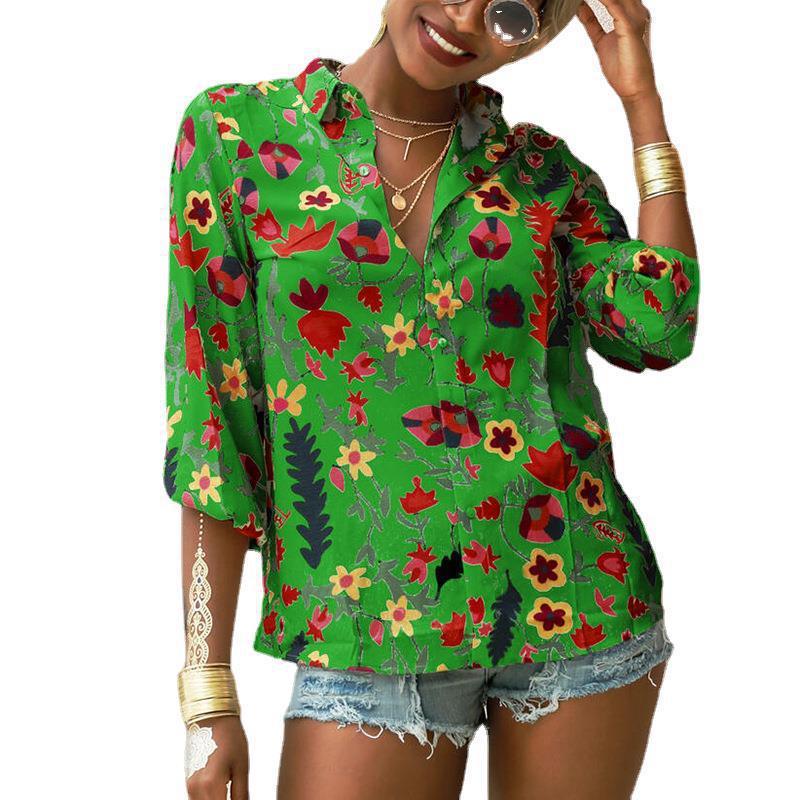 Women Fall New Chiffon Top Floral Long Sleeve Button Shirt Female S-3XL Oversize Casual Loose Fashion Print Shirts Ladies