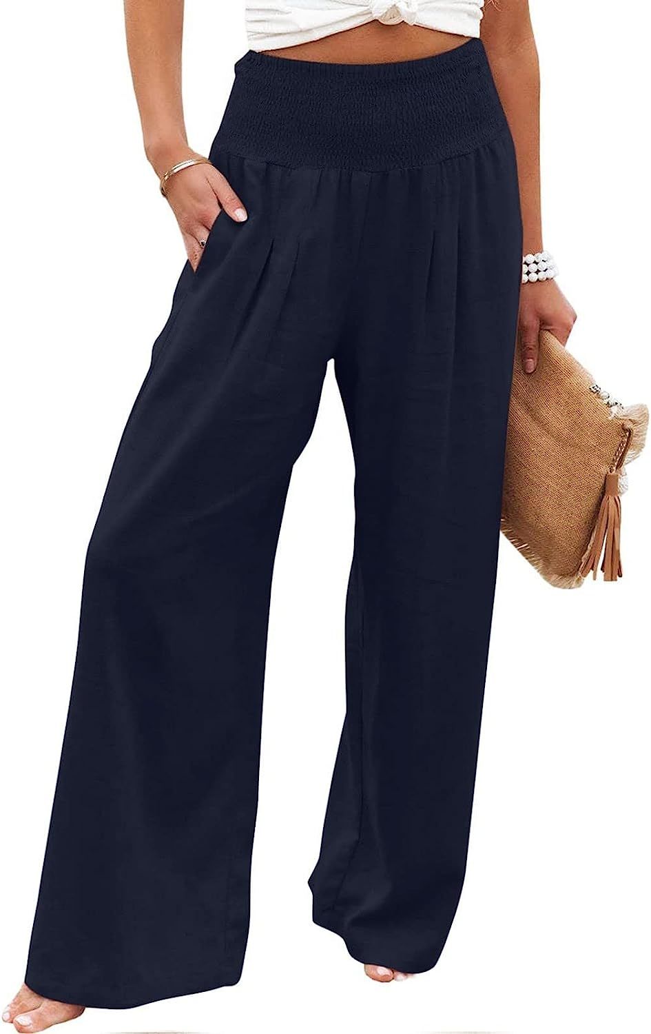 TUNUSKAT Womens Cotton Linen Wide Leg Pants Summer Casual High Waisted Palazzo Pants Baggy Lounge beach Trousers with Pocket