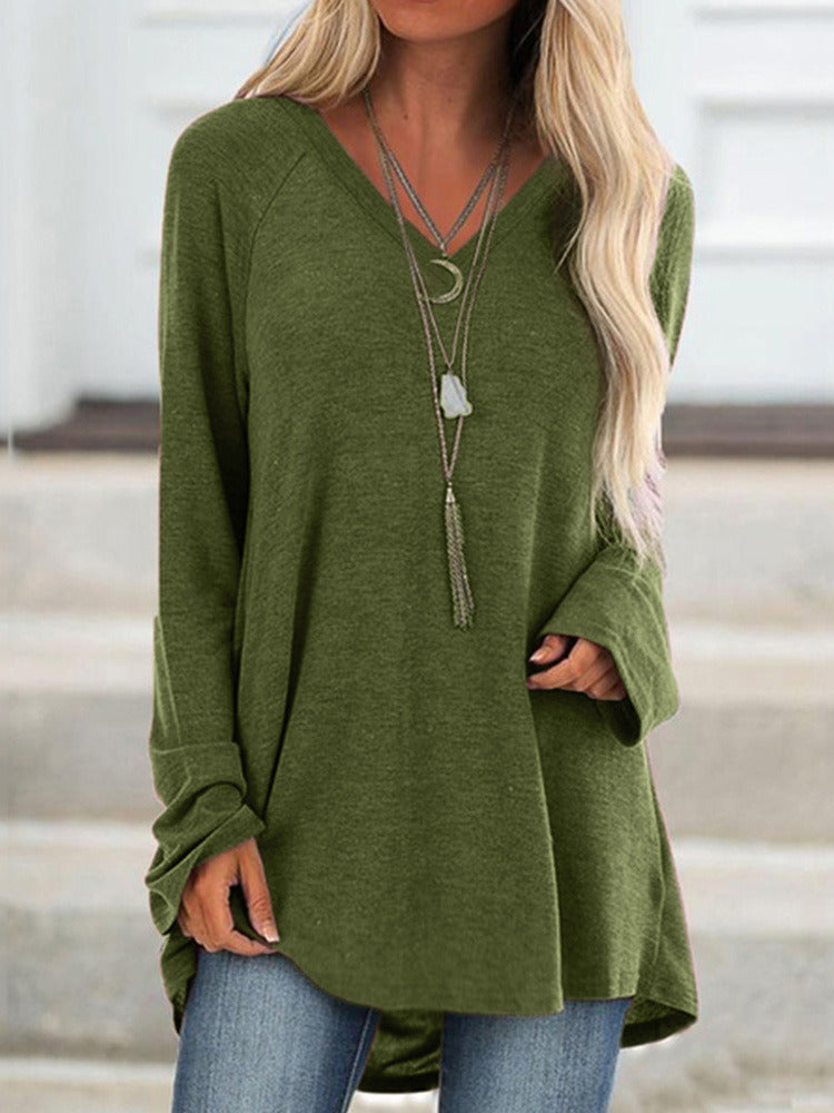 Autumn Hot Sale Solid Color Casual Large Size V-neck Loose Long-sleeved Pullover T-shirt Mid-length