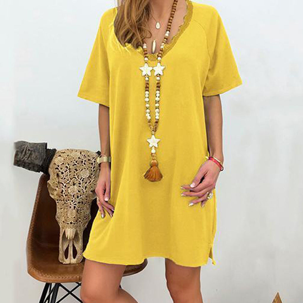 New Women's Lace Side V-neck Solid Color Casual Loose Dress