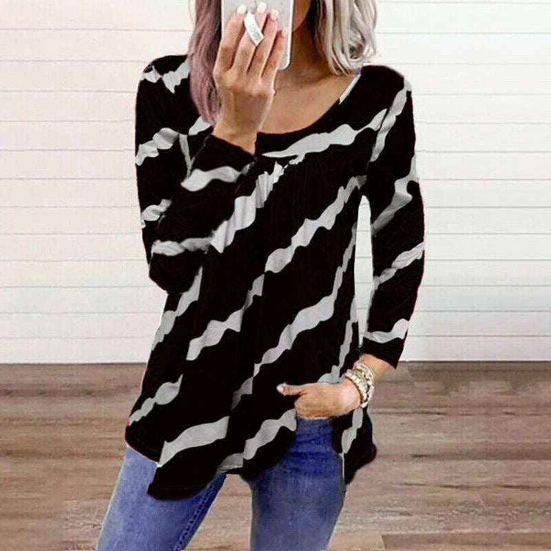 autumn and winter new women's tops striped printed loose long-sleeved t-shirt