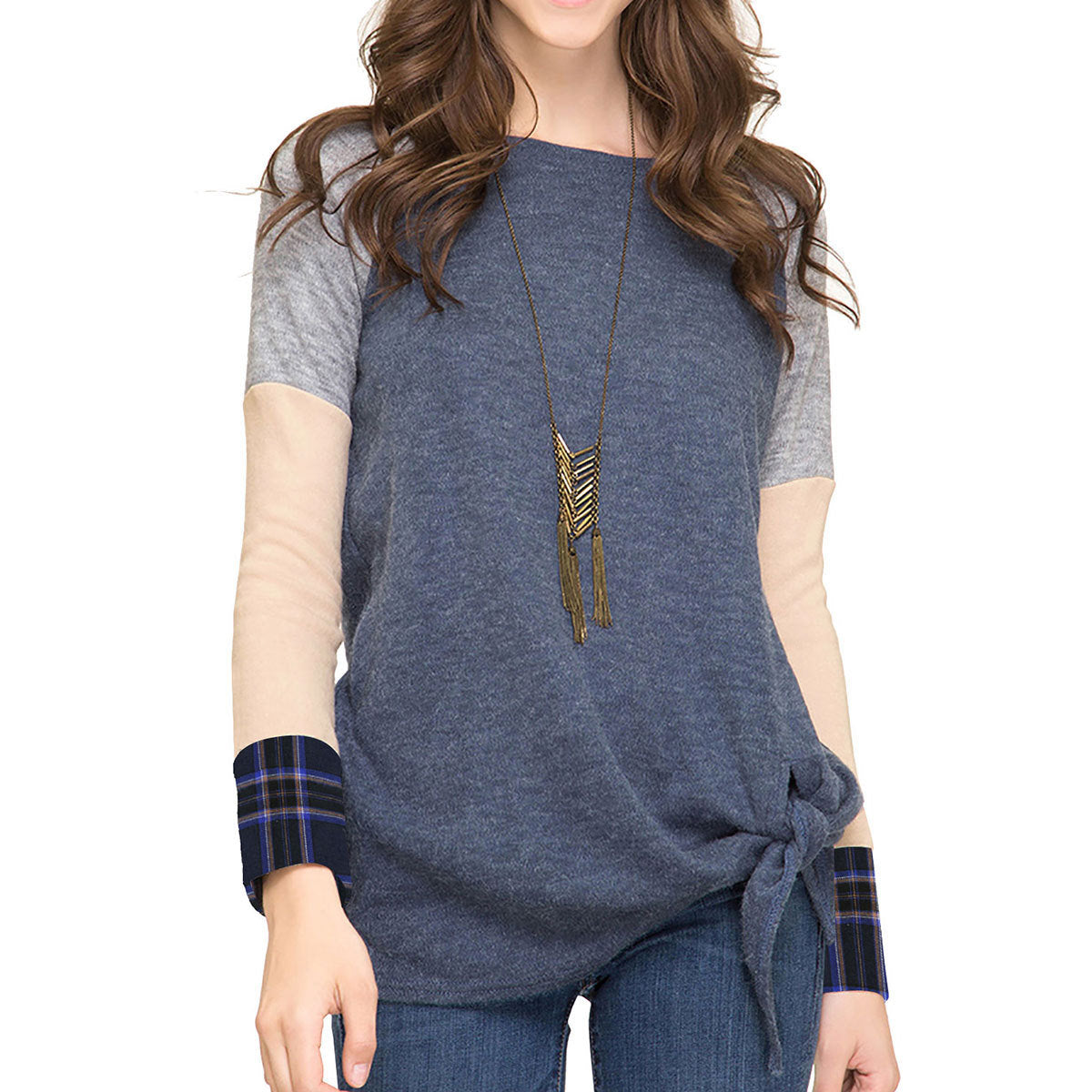 autumn and winter new European and American women's plaid stitching hem knotted T-shirt top