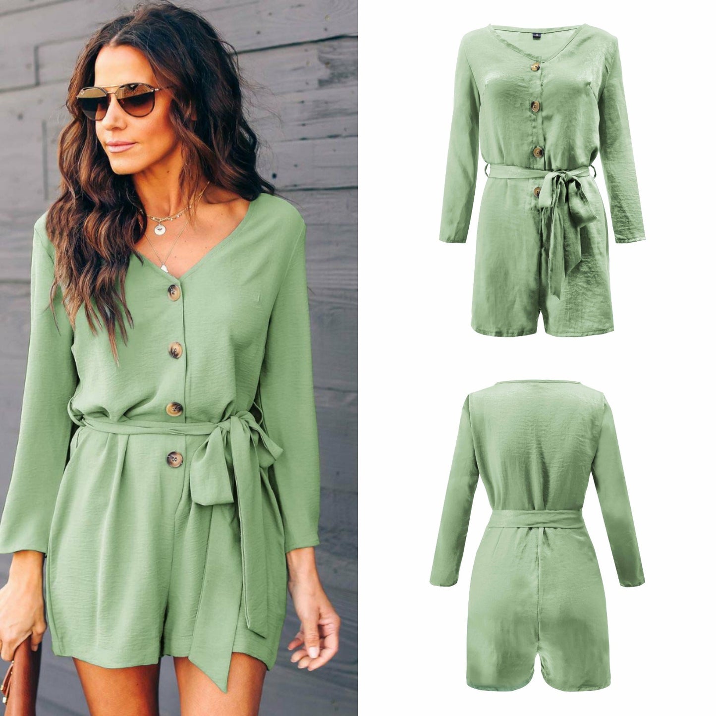 Summer New Women's Long-sleeved V-neck Casual Jumpsuit