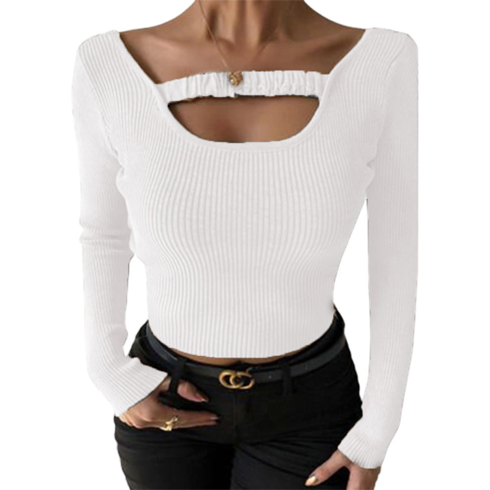 new autumn and winter women's tops solid color sexy round neck slim long-sleeved t-shirt tops