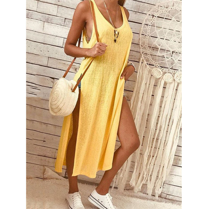 201 European and American Women's Solid Color Fashion Split Sleeveless Loose Dress