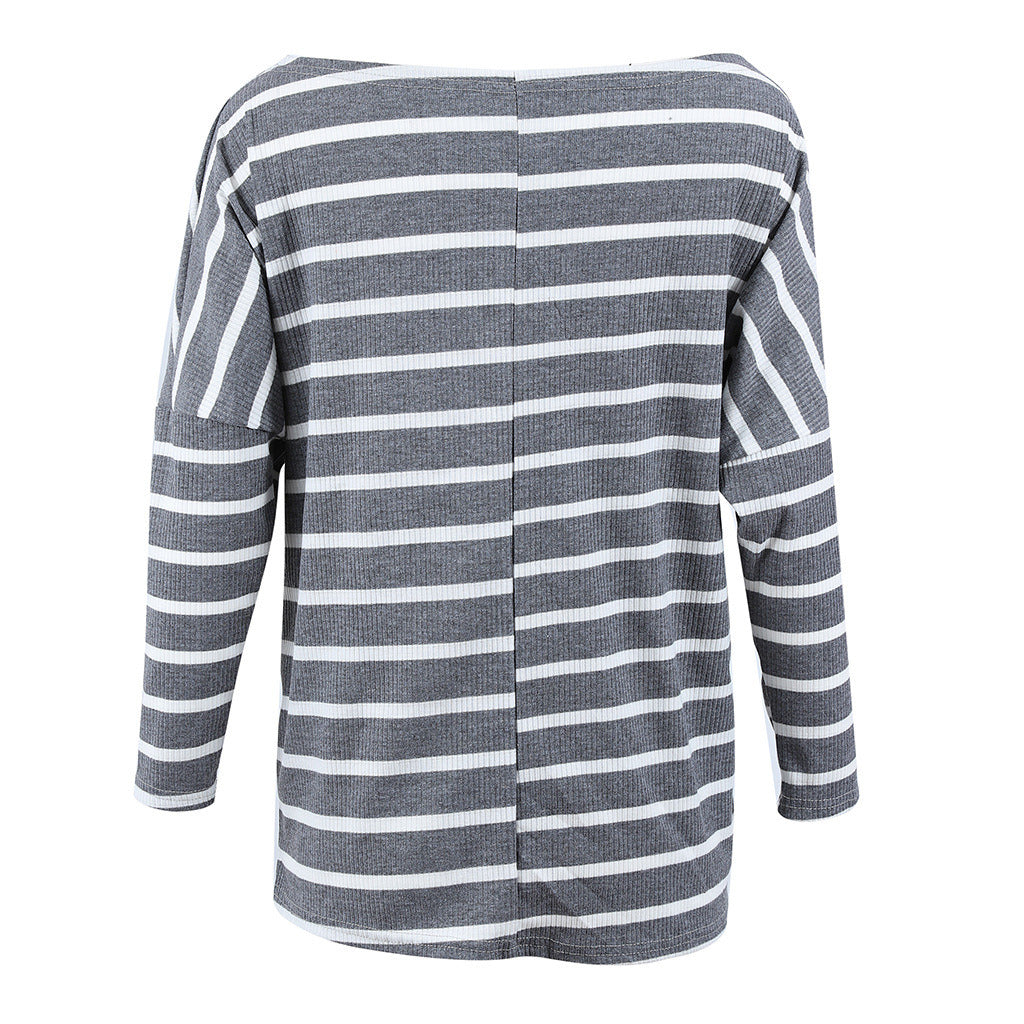 Autumn and Winter New European and American Loose T-shirt Striped Sexy Bat Sleeve Sweater Women