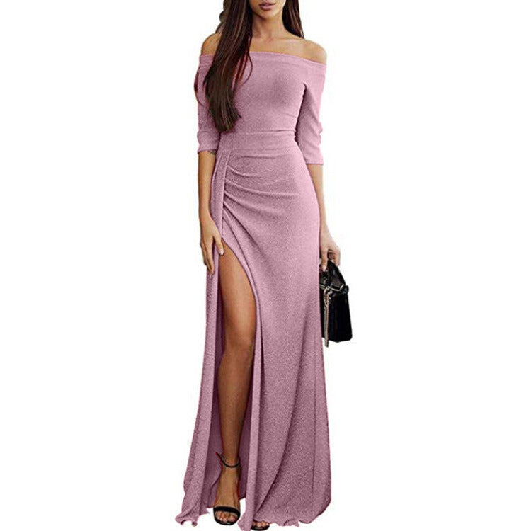 Autumn new women's bag hip open neck collar dress bright crystal dress dress evening dress