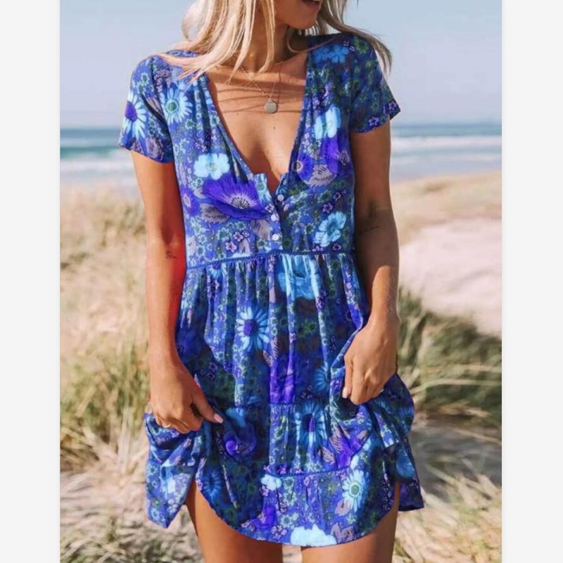 summer new women's dresses printed V-neck short-sleeved dresses