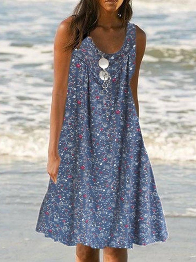 summer new women's round neck sleeveless print vest skirt beach loose dress