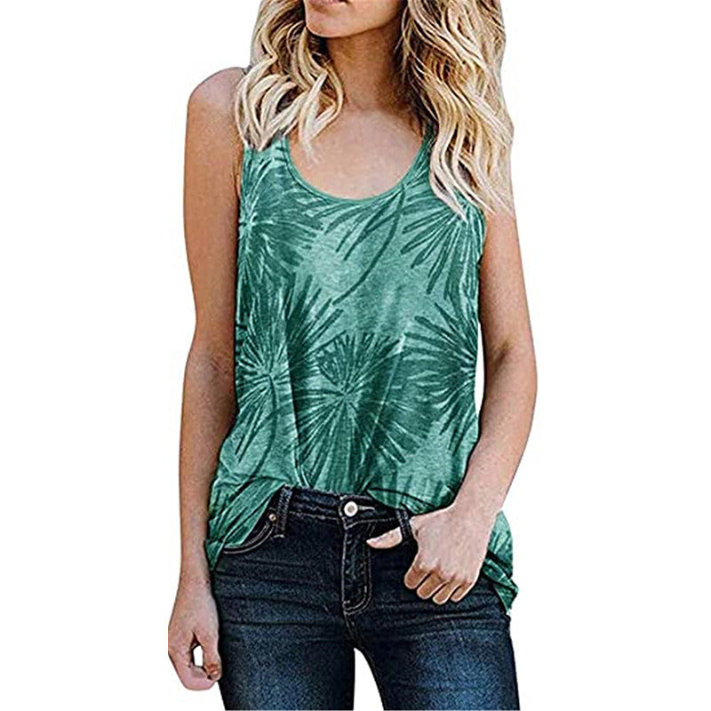 Summer Women's Casual Sleeveless Vest Round Neck Leopard Print Floral Burnout T-Shirt Women's Top