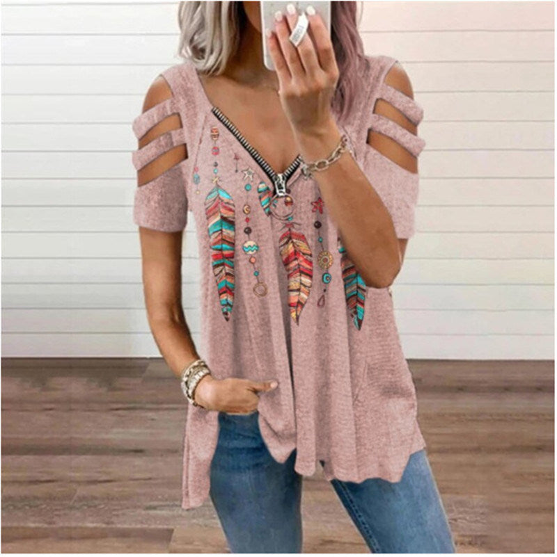 Women's new T-shirt V-neck zipper pullover printed short-sleeved loose T-shirt tops