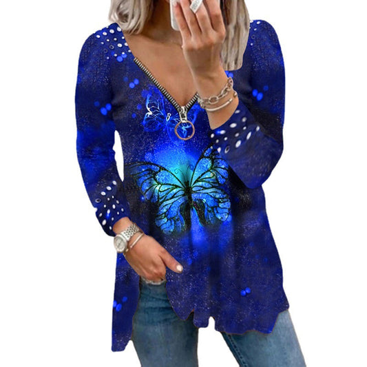 Women's New Tops V-neck Zipper Pullover Top Pearl Print T-shirt