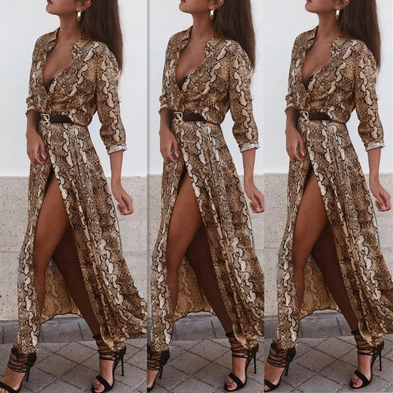 Womens Fashion Long Sleeve V Neck Snakeskin Print Cardigan Split Maxi Dress Single Breasted Shirt Style High Waisted Dresses