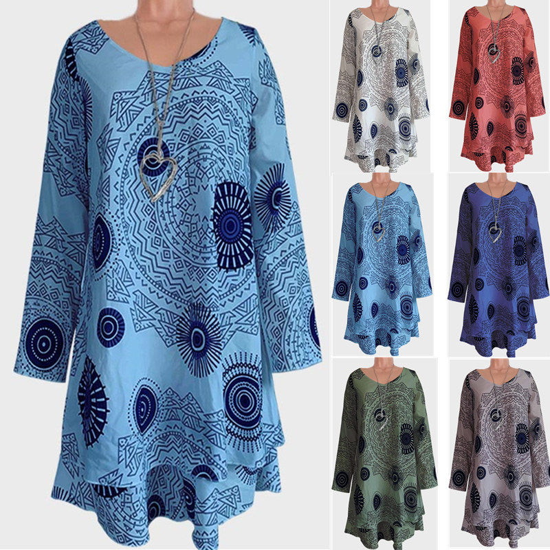 Autumn Printed Double-layer Dress Long-sleeved Dress