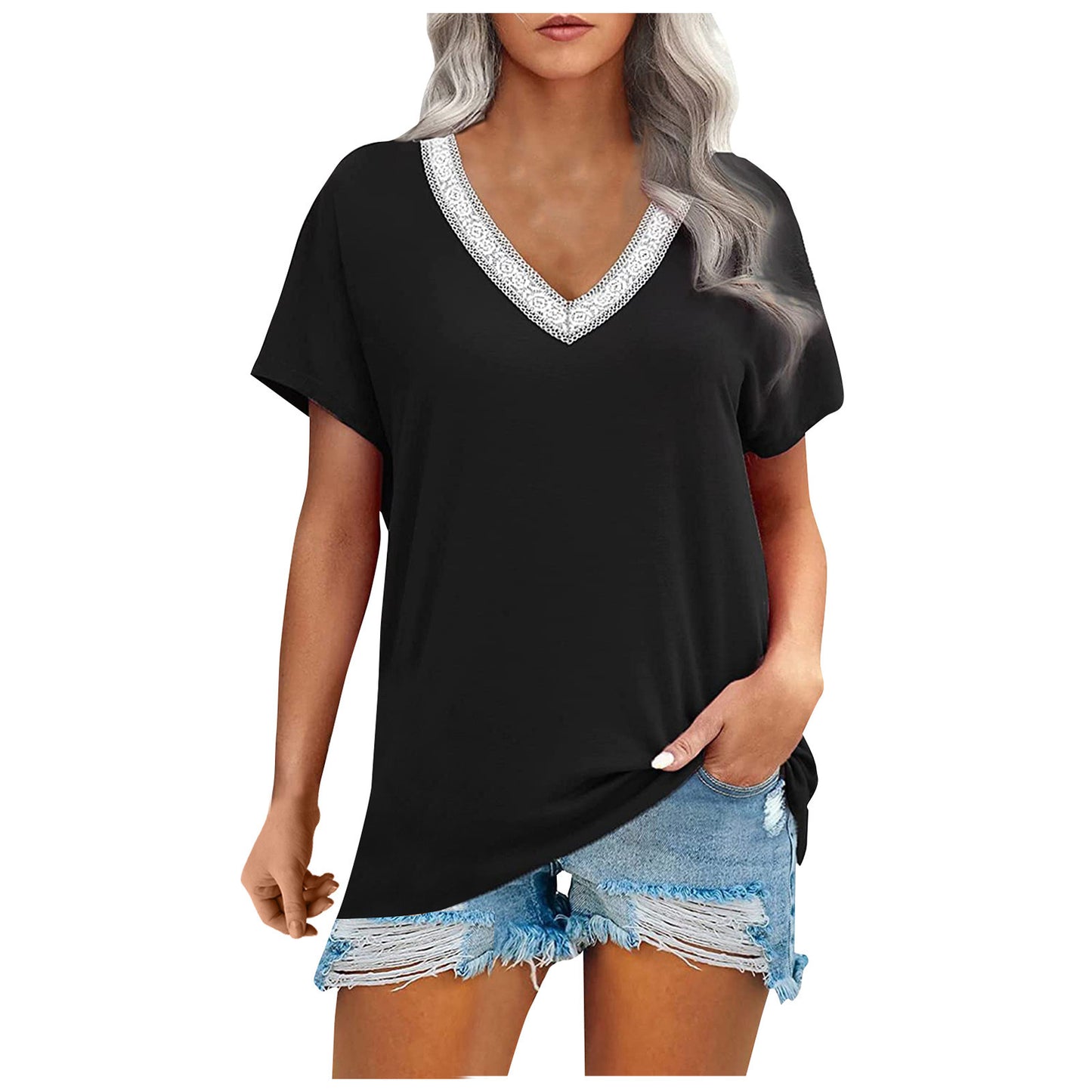 Women's Summer New Style Commuting Loose-fitting Striped V-neck Short-sleeved T-shirt