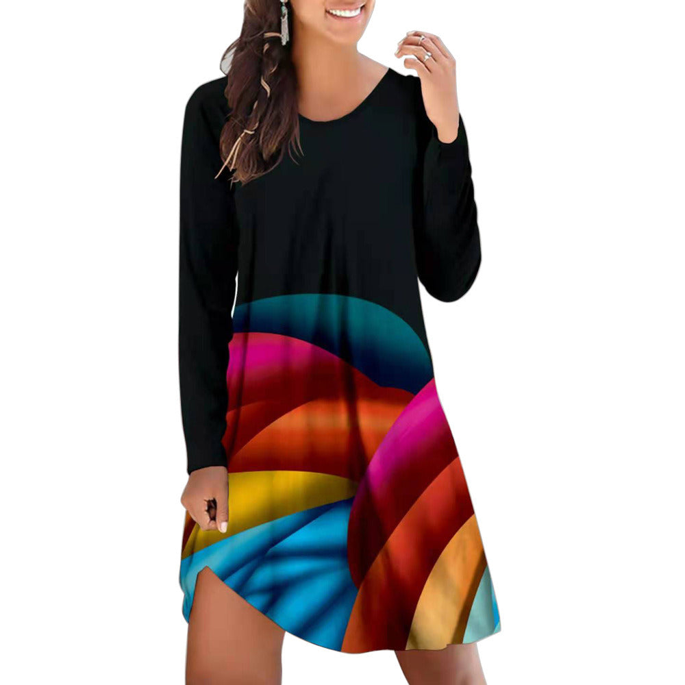 New women's dress fashion personality multi-color printing loose and versatile long-sleeved dress