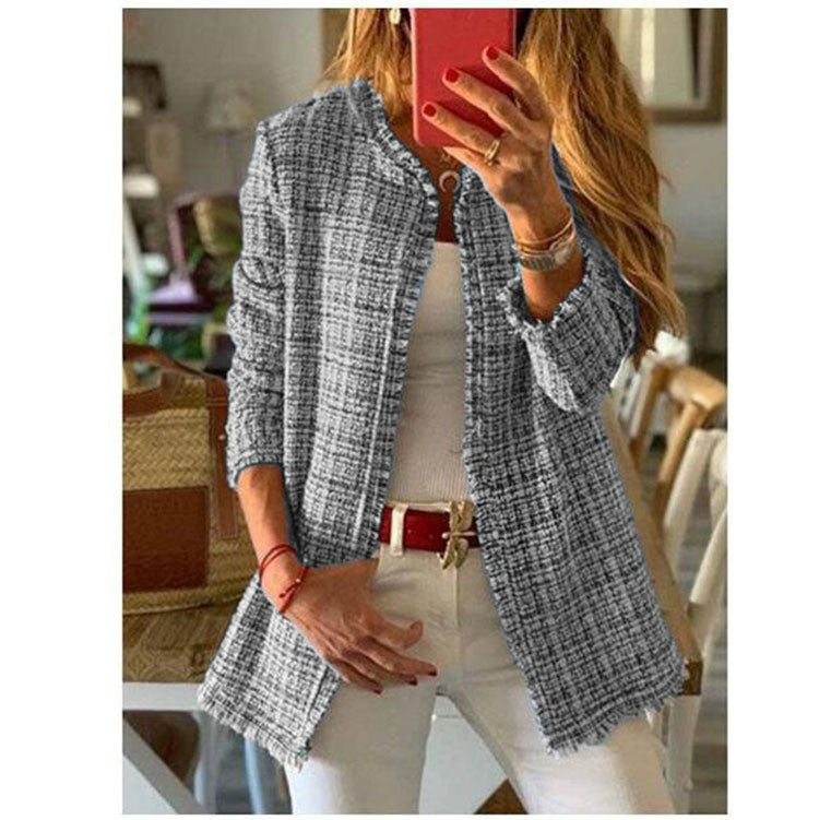 New Women's Autumn and Winter Rainbow Tweed Small Wind Fragrant Mid-length Woolen Plaid Sweater Jacket