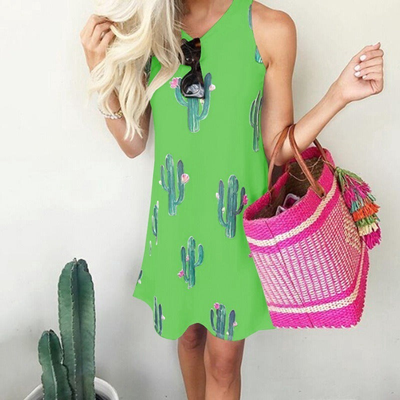 Women's Cactus Print Round Neck Sleeveless Tank Dress