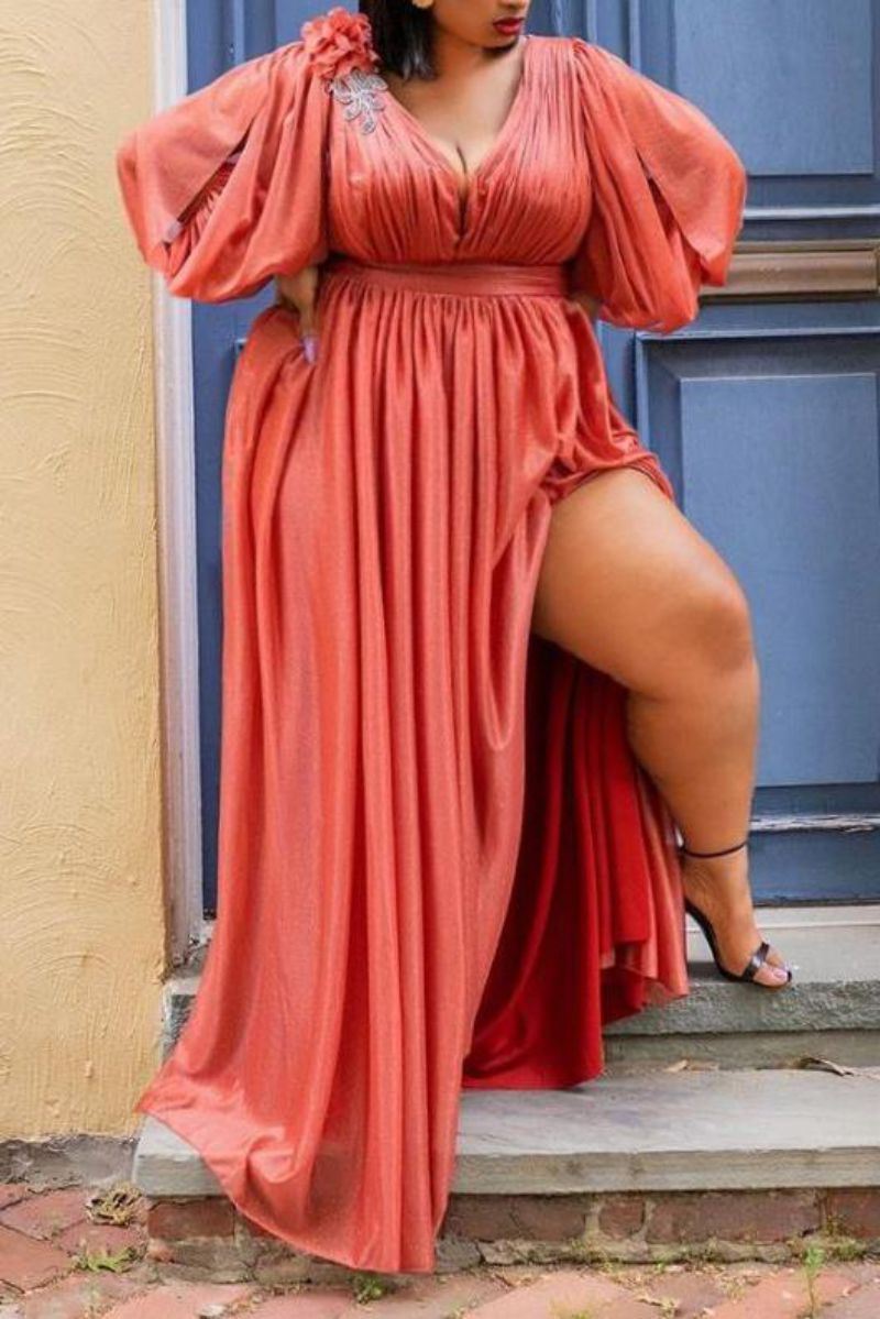 Spring Summer Plus Size Satin Slit Evening Dress Women Sexy V Neck Trailing Skirt Flower Lantern Sleeve Folds Wedding Bridesmaid