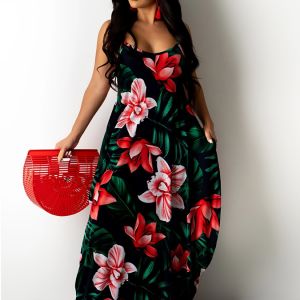 Plus Size Boho Dress; Women's Plus Floral Print V Neck High Stretch Cami Maxi Dress With Pockets