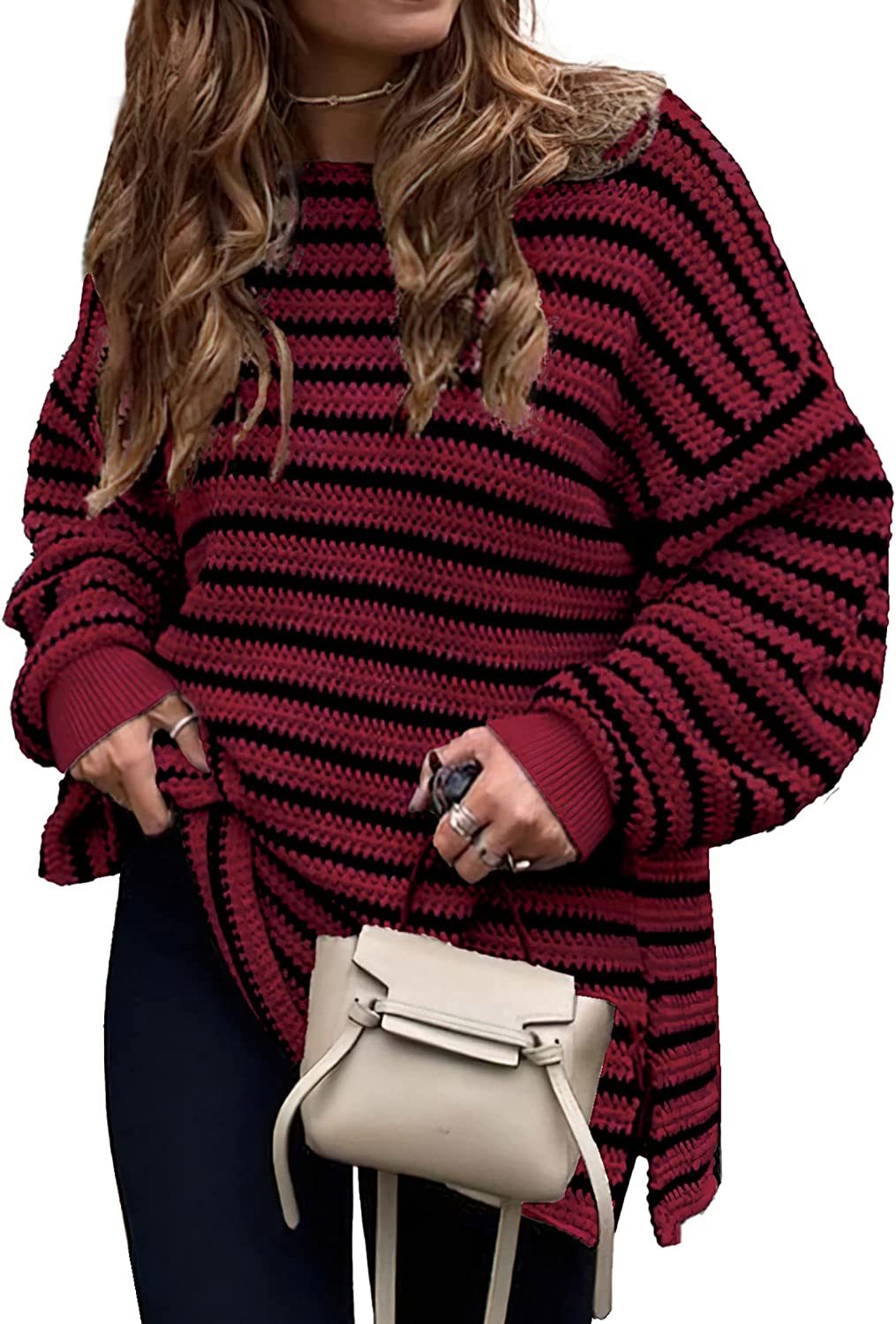 2023 Fall Winter Women's Oversized Long Sleeve Striped Sweater Casual Crewneck Side Split Pullover Knit Tops