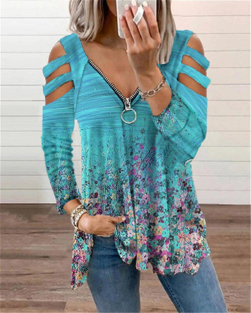 Autumn and Winter Women's Clothing V-neck Small Floral Zipper Long-sleeved Loose T-shirt Top