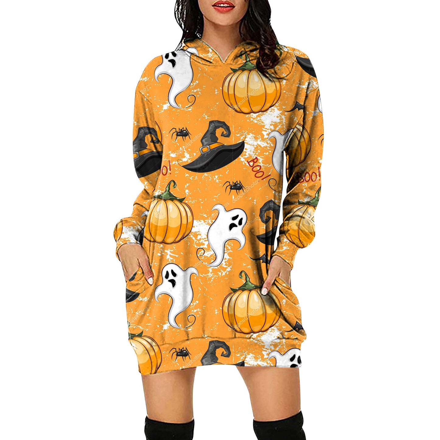 2021 Autumn And Winter Halloween Women's Digital Printed Hooded Long Sleeve Dress